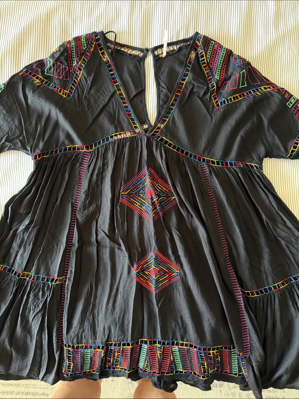 Free People Black Embroidered V-Neck Boho Dress